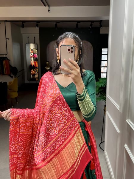 GREEN Navratri Patola Print With Foil Work Gaji Silk Lehenga Choli Set Navratri Lehnega Choli