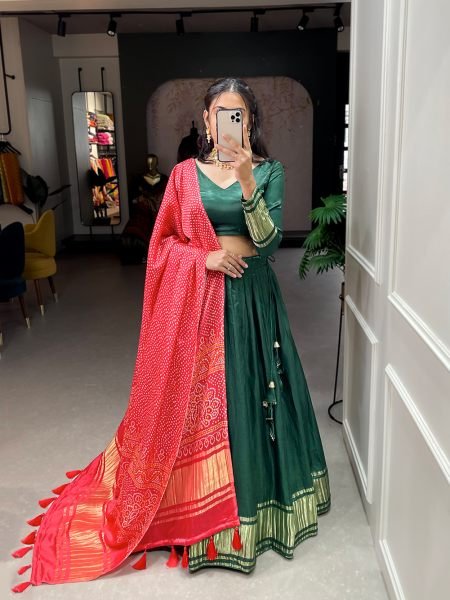 GREEN Navratri Patola Print With Foil Work Gaji Silk Lehenga Choli Set Navratri Lehnega Choli