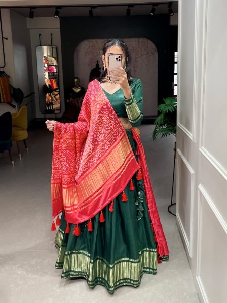 GREEN Navratri Patola Print With Foil Work Gaji Silk Lehenga Choli Set Navratri Lehnega Choli