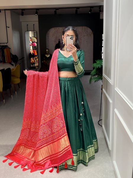GREEN Navratri Patola Print With Foil Work Gaji Silk Lehenga Choli Set Navratri Lehnega Choli