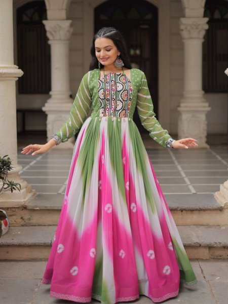 Green Pink Faux Georgette Bandhej Print Gown with Mirror and Gamthi Work Perfect for Navratri Nights 