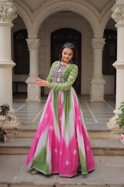 Green Pink Faux Georgette Bandhej Print Gown with Mirror and Gamthi Work Perfect for Navratri Nights Navratri Collection