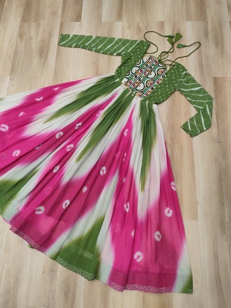 Green Pink Faux Georgette Bandhej Print Gown with Mirror and Gamthi Work Perfect for Navratri Nights Navratri Collection