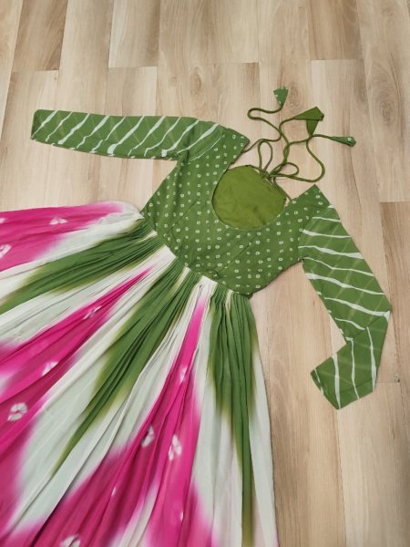 Green Pink Faux Georgette Bandhej Print Gown with Mirror and Gamthi Work Perfect for Navratri Nights Navratri Collection