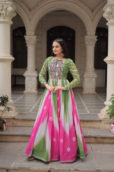 Green Pink Faux Georgette Bandhej Print Gown with Mirror and Gamthi Work Perfect for Navratri Nights Navratri Collection
