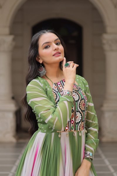 Green Pink Faux Georgette Bandhej Print Gown with Mirror and Gamthi Work Perfect for Navratri Nights Navratri Collection