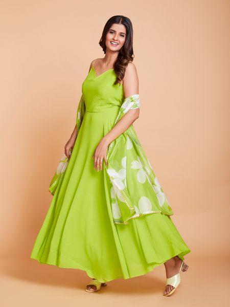 Green Plain Anarkali With Printed Duppta In Plus Size Plus Size Kurti / Gown