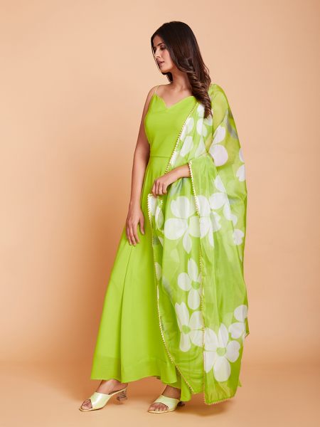 Green Plain Anarkali With Printed Duppta In Plus Size Plus Size Kurti / Gown