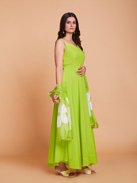 Green Plain Anarkali With Printed Duppta In Plus Size Plus Size Kurti / Gown