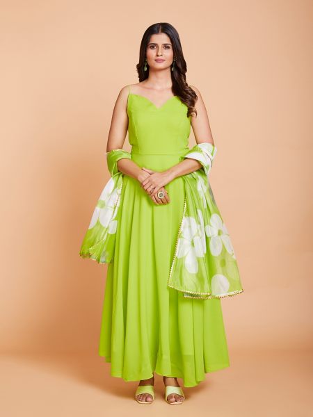 Green Plain Anarkali With Printed Duppta In Plus Size Plus Size Kurti / Gown