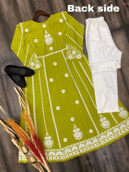 Green Reyon Kurti  With Cotton Embroidered Work Kurti With Bottom Wholesale