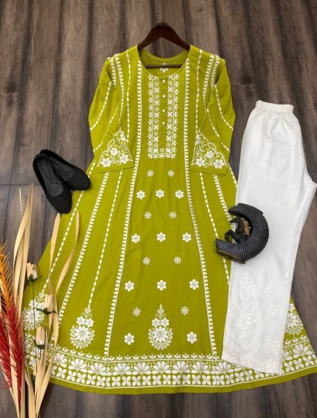Green Reyon Kurti  With Cotton Embroidered Work Kurti With Bottom Wholesale