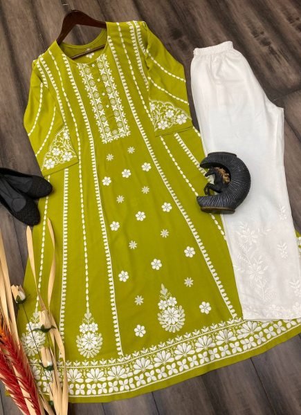 Green Reyon Kurti  With Cotton Embroidered Work Kurti With Bottom Wholesale