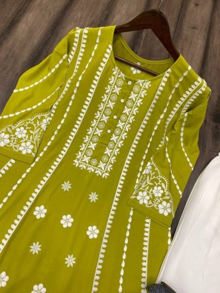 Green Reyon Kurti  With Cotton Embroidered Work Kurti With Bottom Wholesale
