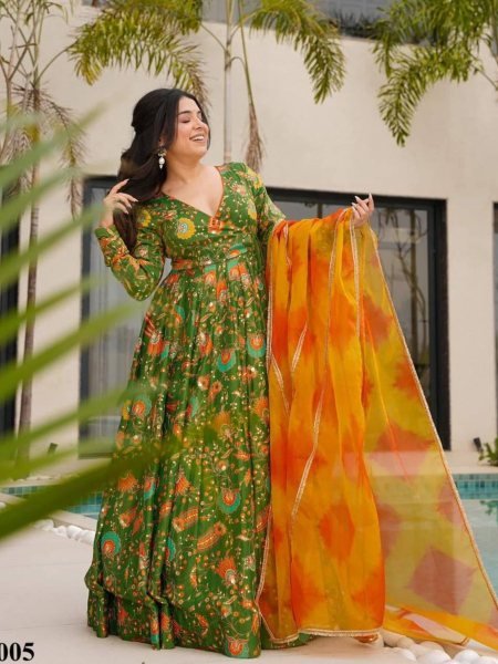 Green Tabby Silk Anarkali Gown Ready to Wear Sleeveless Style with Heavy Inner Shine Plus Size Kurti / Gown