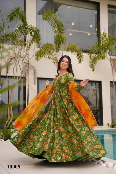 Green Tabby Silk Anarkali Gown Ready to Wear Sleeveless Style with Heavy Inner Shine Anarkali Kurtis 