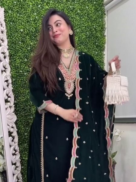 Green Velvet Embroidered Salwar Suit with Dupatta Perfect for Winter Parties Winter Wear