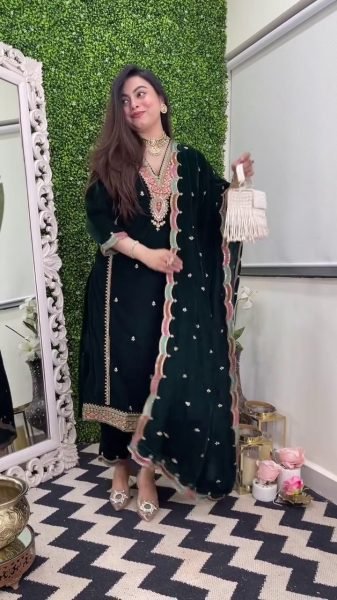 Green Velvet Embroidered Salwar Suit with Dupatta Perfect for Winter Parties Ready To Wear Collection