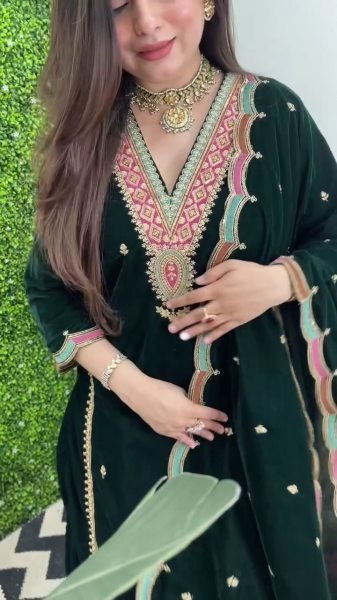 Green Velvet Embroidered Salwar Suit with Dupatta Perfect for Winter Parties Ready To Wear Collection