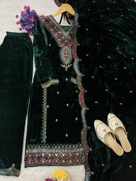Green Velvet Embroidered Salwar Suit with Dupatta Perfect for Winter Parties Ready To Wear Collection