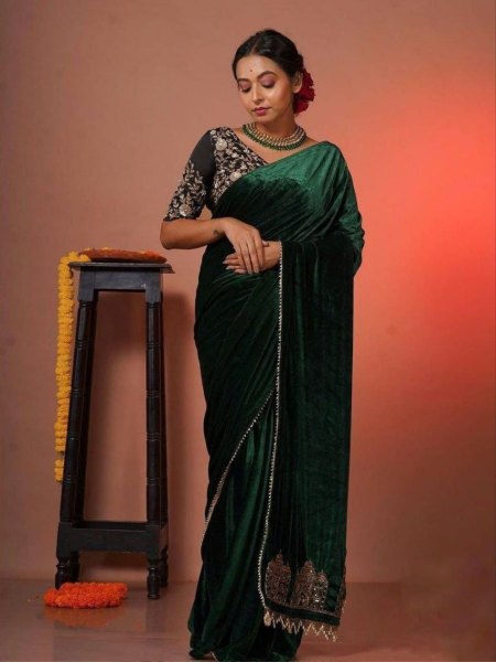 Green Viscose Velvet Solid Plain Saree Sarees 