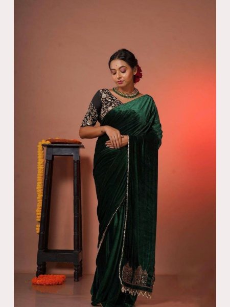 Green Viscose Velvet Solid Plain Saree Designer Wedding Sarees Wholesale