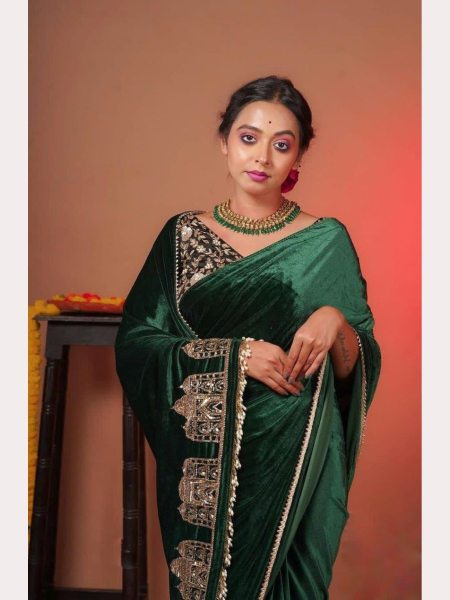 Green Viscose Velvet Solid Plain Saree Designer Wedding Sarees Wholesale