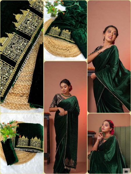 Green Viscose Velvet Solid Plain Saree Designer Wedding Sarees Wholesale