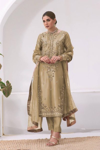 Greenish Gold Jimmy Choo Silk Top Pent Set with Butterfly Net Dupatta for Women Ready To Wear Collection