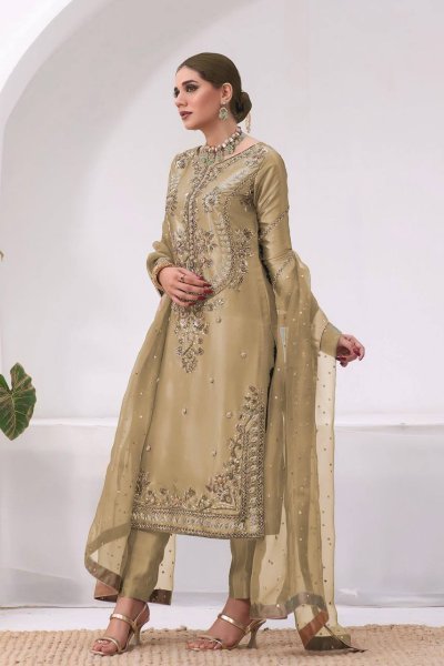 Greenish Gold Jimmy Choo Silk Top Pent Set with Butterfly Net Dupatta for Women Ready To Wear Collection