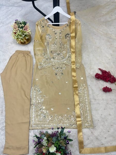Greenish Gold Jimmy Choo Silk Top Pent Set with Butterfly Net Dupatta for Women Ready To Wear Collection
