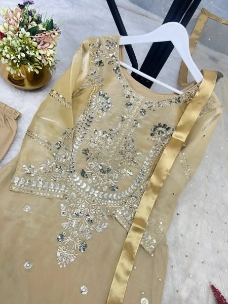 Greenish Gold Jimmy Choo Silk Top Pent Set with Butterfly Net Dupatta for Women Ready To Wear Collection
