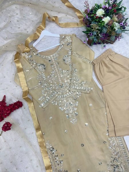 Greenish Gold Jimmy Choo Silk Top Pent Set with Butterfly Net Dupatta for Women Ready To Wear Collection