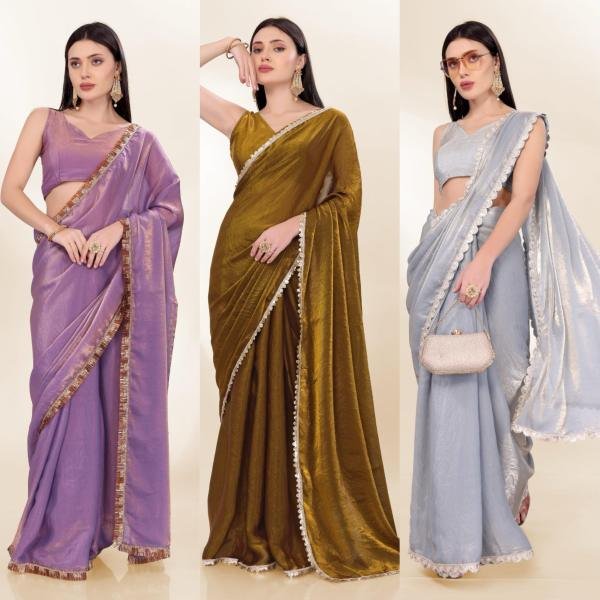 Grey Color Fendi Silk With Fancy Embroidery Lace Broder and Running Blouse Silk Sarees Wholesale