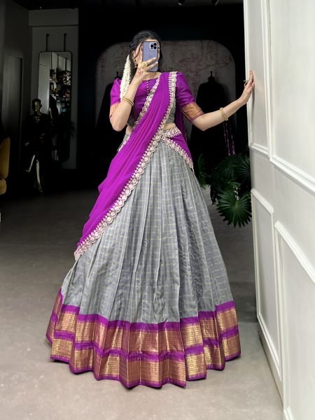 Grey Color South Indian Style Half Saree with Weaving Work Lehenga Choli Set Half Saree Lehenga