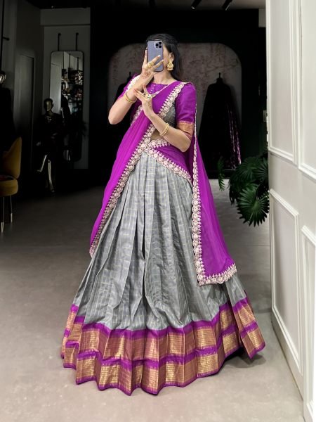 Grey Color South Indian Style Half Saree with Weaving Work Lehenga Choli Set Half Saree Lehenga