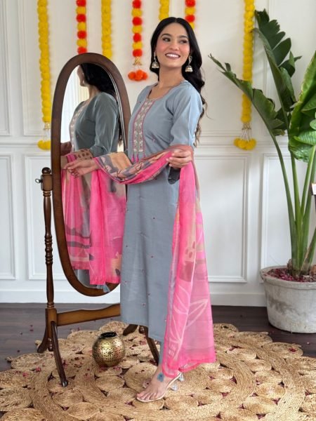 Grey color viscose chanderi  fabric designer partywear salwar and bottom for girlie look 3 Piece Kurti Set