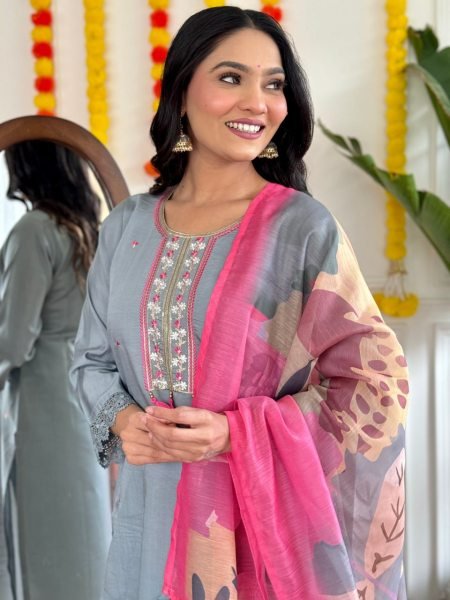 Grey color viscose chanderi  fabric designer partywear salwar and bottom for girlie look 3 Piece Kurti Set