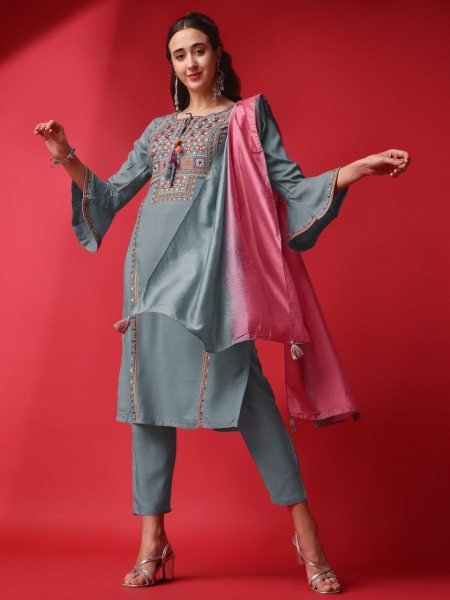 Grey Color Viscose Reyon Slub Embridered Work Kurti Set Ready To Wear Collection