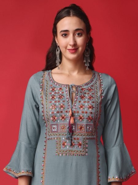 Grey Color Viscose Reyon Slub Embridered Work Kurti Set Ready To Wear Collection