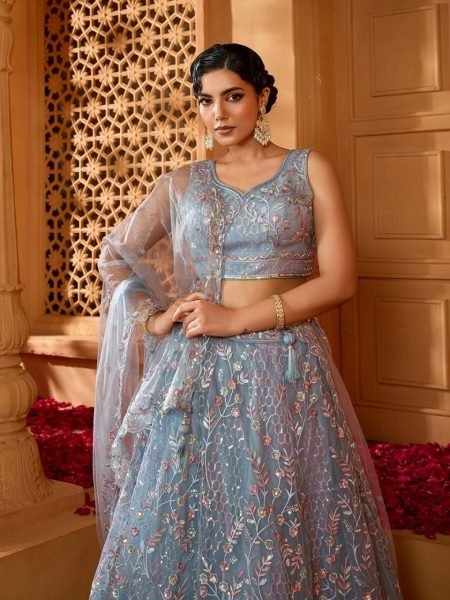 Grey Embellished Net Lehenga with Sequins Detailing Celebration Outfit Designer Lehenga Choli