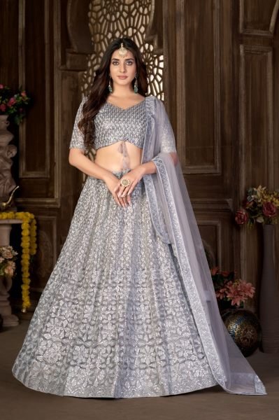 Grey Net Party Wear Embroidery Work Lehenga Choli Designer Lehenga Choli