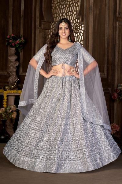 Grey Net Party Wear Embroidery Work Lehenga Choli Designer Lehenga Choli