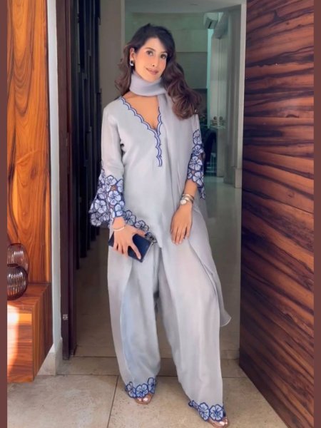 Greyish Blue Embroidered Farshi Set in Natural Crepe with Fancy Sleeves Perfect for Nikaah   Festive Days 