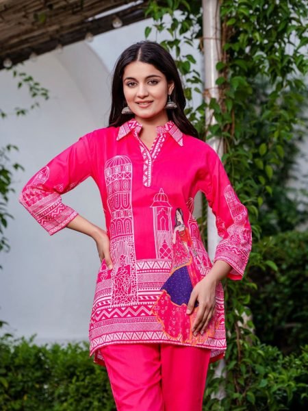 Gulabi Grace Rajasthani Print Muslin Co- ord Set with Collar & Matching Bottom CO ORD Sets