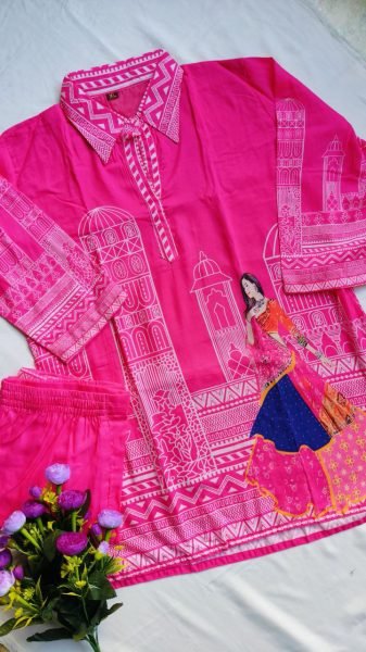 Gulabi Grace Rajasthani Print Muslin Co- ord Set with Collar & Matching Bottom CO ORD Sets