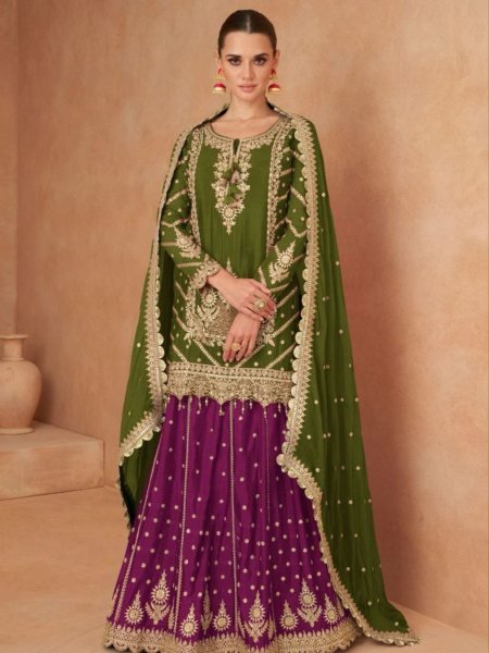 Gulkayra Designer Olive Green Readymade Skirt Style Suits