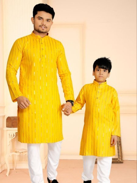 Haldi Function Cotton Kurta Pyjama Combo Set for Father and Son Full Sleeve with Pockets at Low Price Father Son Collection 