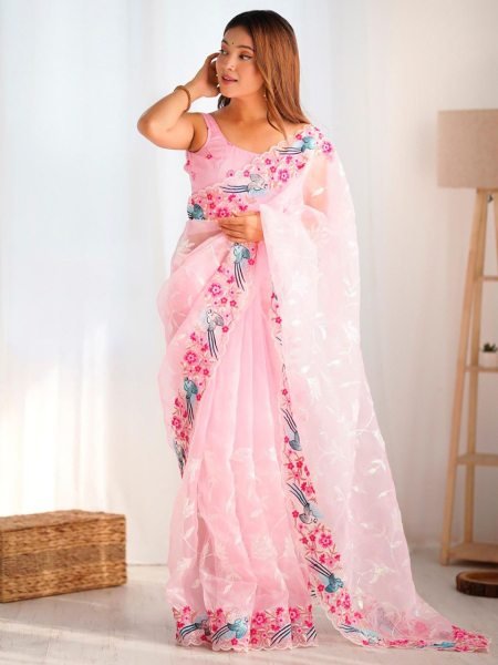 Graceful Pink Embroidered Organza Saree with Scalloped Edges Perfect for Festive Moments Organza Sarees Wholesale