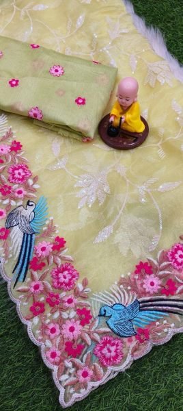 Haldi Glow Organza Saree with Floral Embroidery & Radiant Blouse Perfect for Celebration Organza Sarees Wholesale